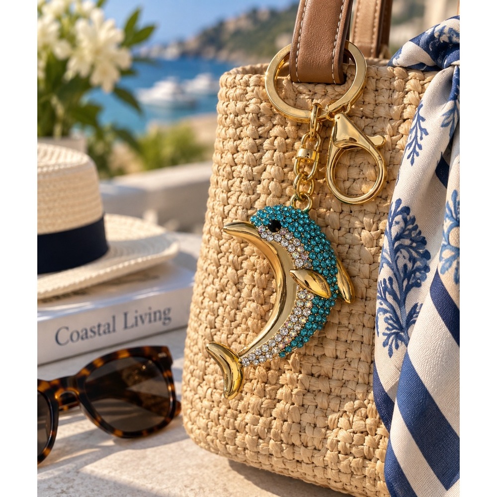 Gold Tone Blue Rhinestone Dolphin Keychain Bag Charm Lobster Clasp Accessory NWT